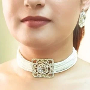 White Beaded Square Choker Necklace Set