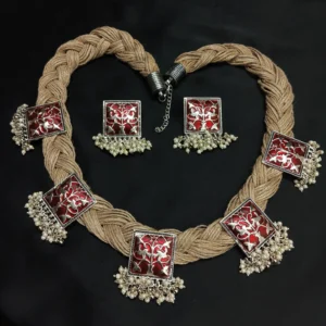 Meenakari Pearl Ghunghru Necklace Set - Red