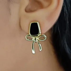 Black Stone and Gold-Toned Bow Earrings