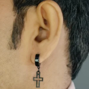 Men’s Black Cut-Out Cross Hoop Earring