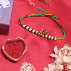Om Rakhi with Gold-Tone & Wooden Beads