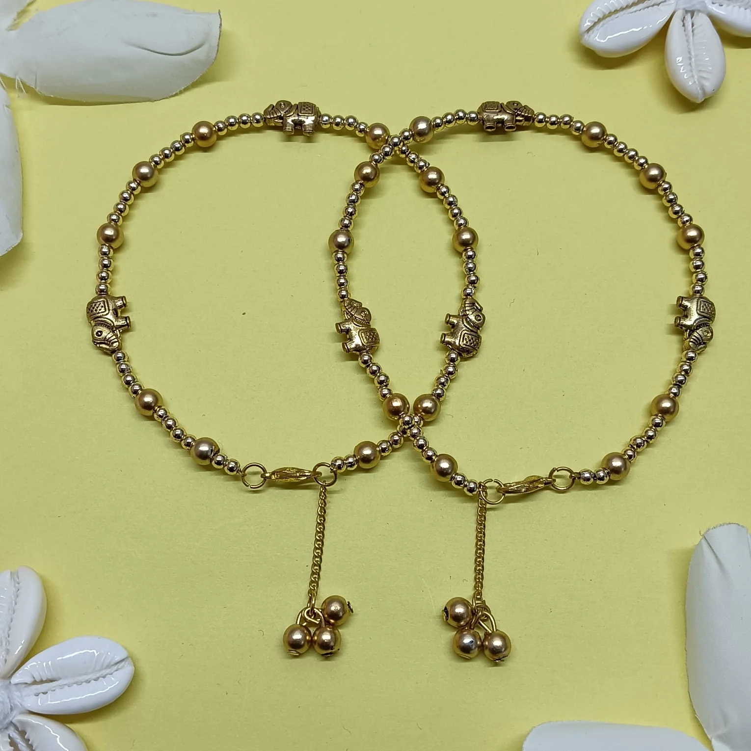 Gold-Tone Beaded Anklet With Elephant Charms