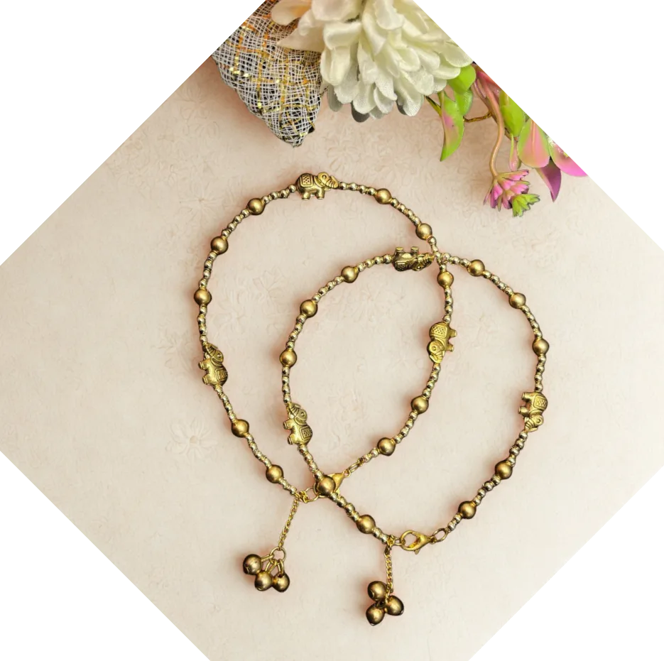 Gold-Tone Beaded Anklet With Elephant Charms