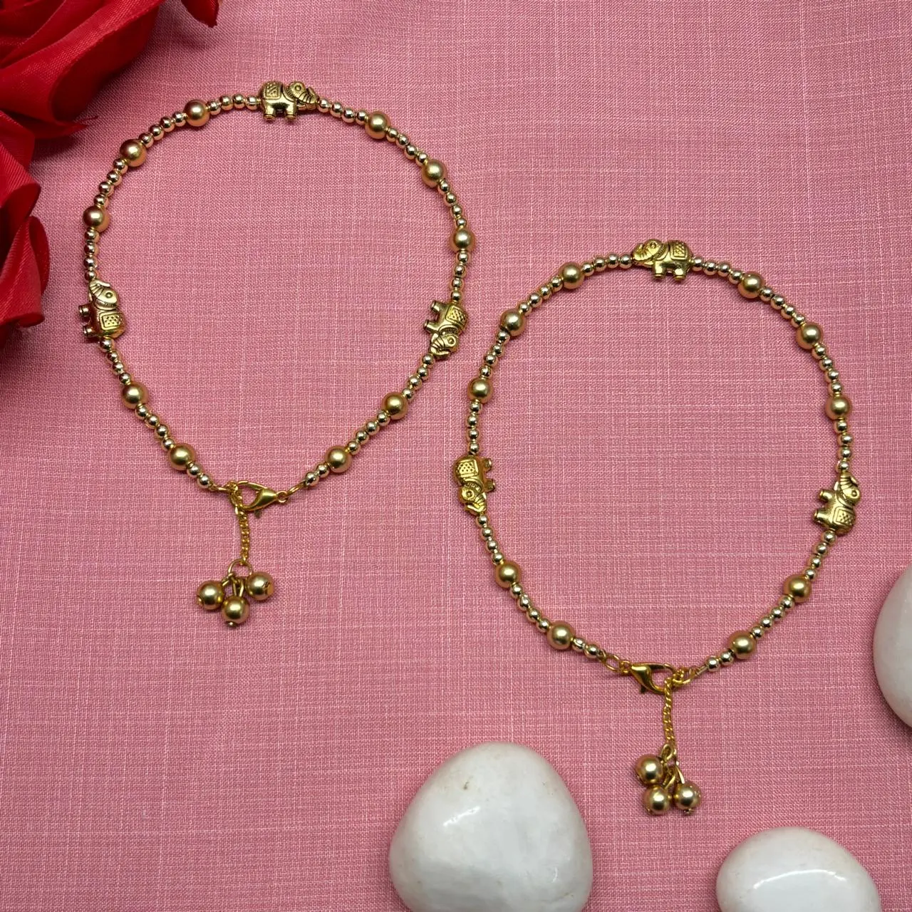 Gold-Tone Beaded Anklet With Elephant Charms
