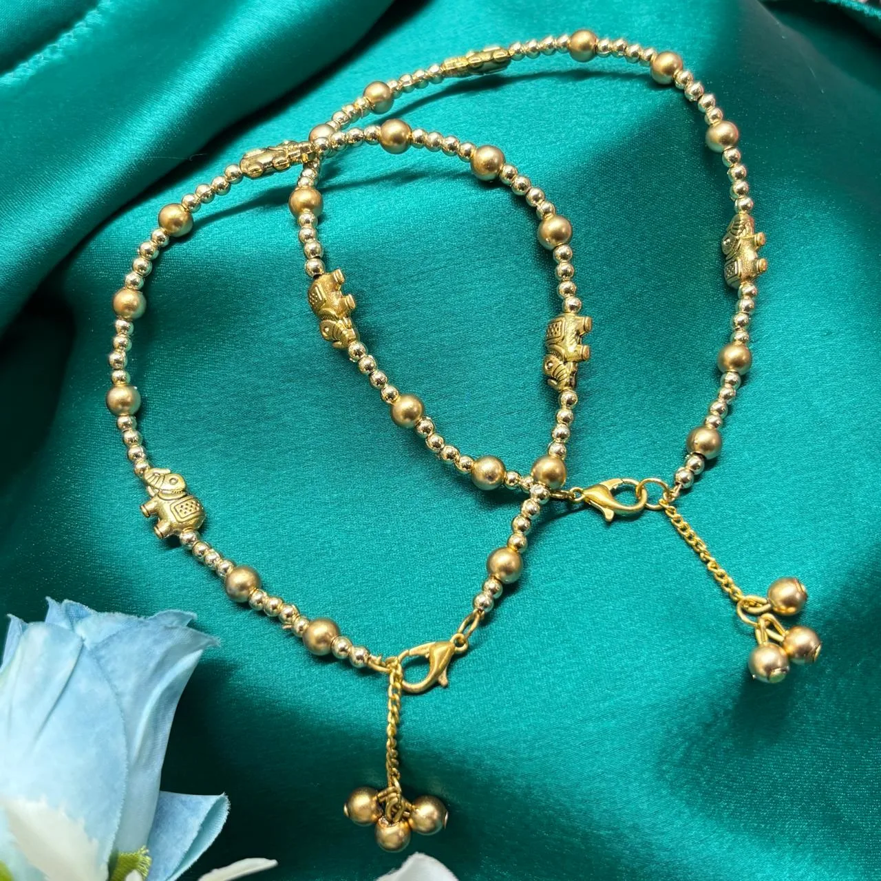 Gold-Tone Beaded Anklet With Elephant Charms
