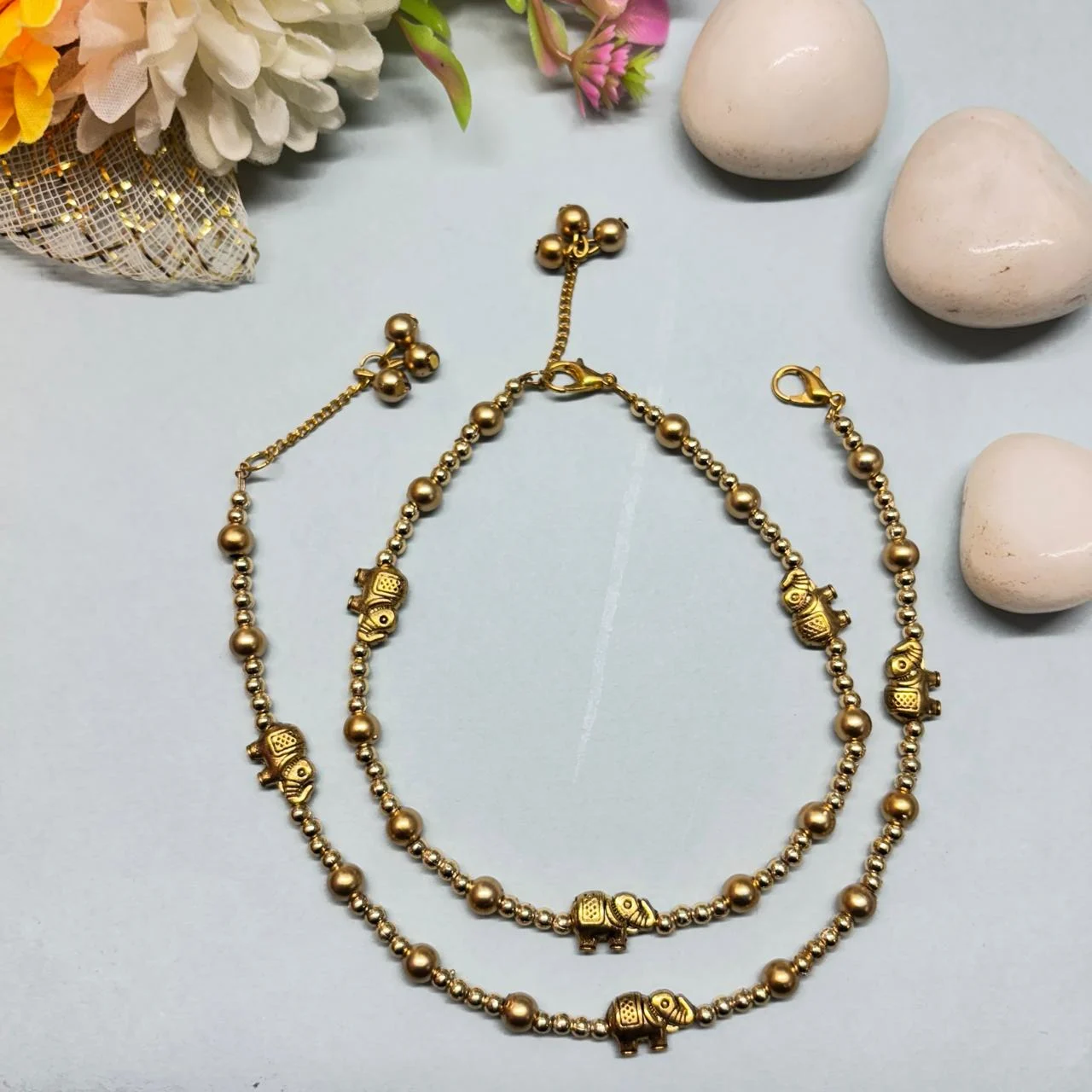 Gold-Tone Beaded Anklet With Elephant Charms