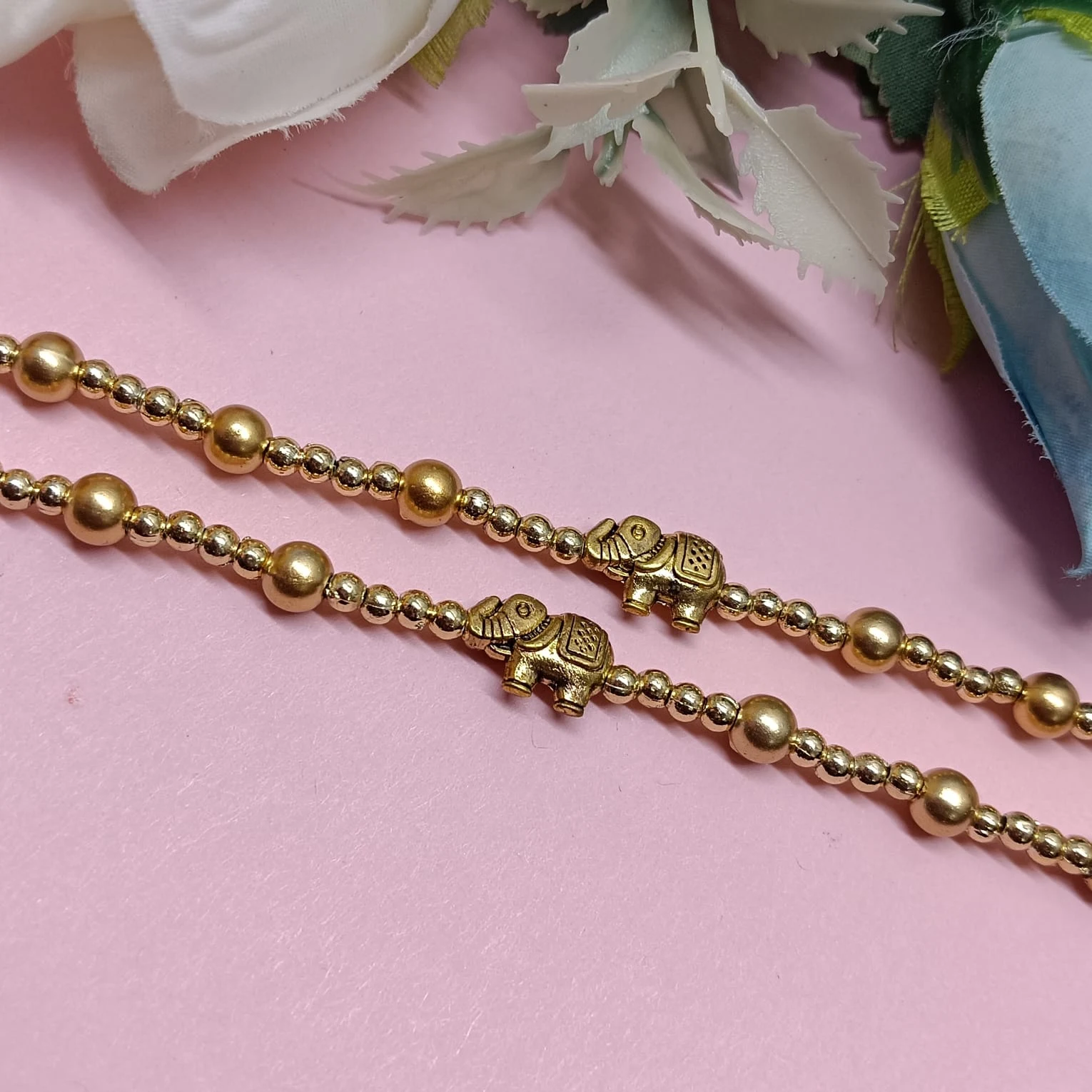 Gold-Tone Beaded Anklet With Elephant Charms