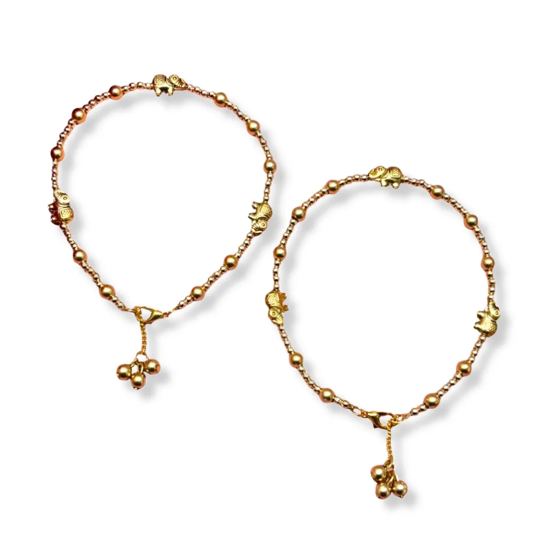Gold-Tone Beaded Anklet With Elephant Charms