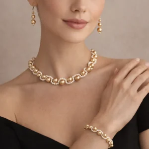Classic Gold-Tone White Beaded Jewelry Set