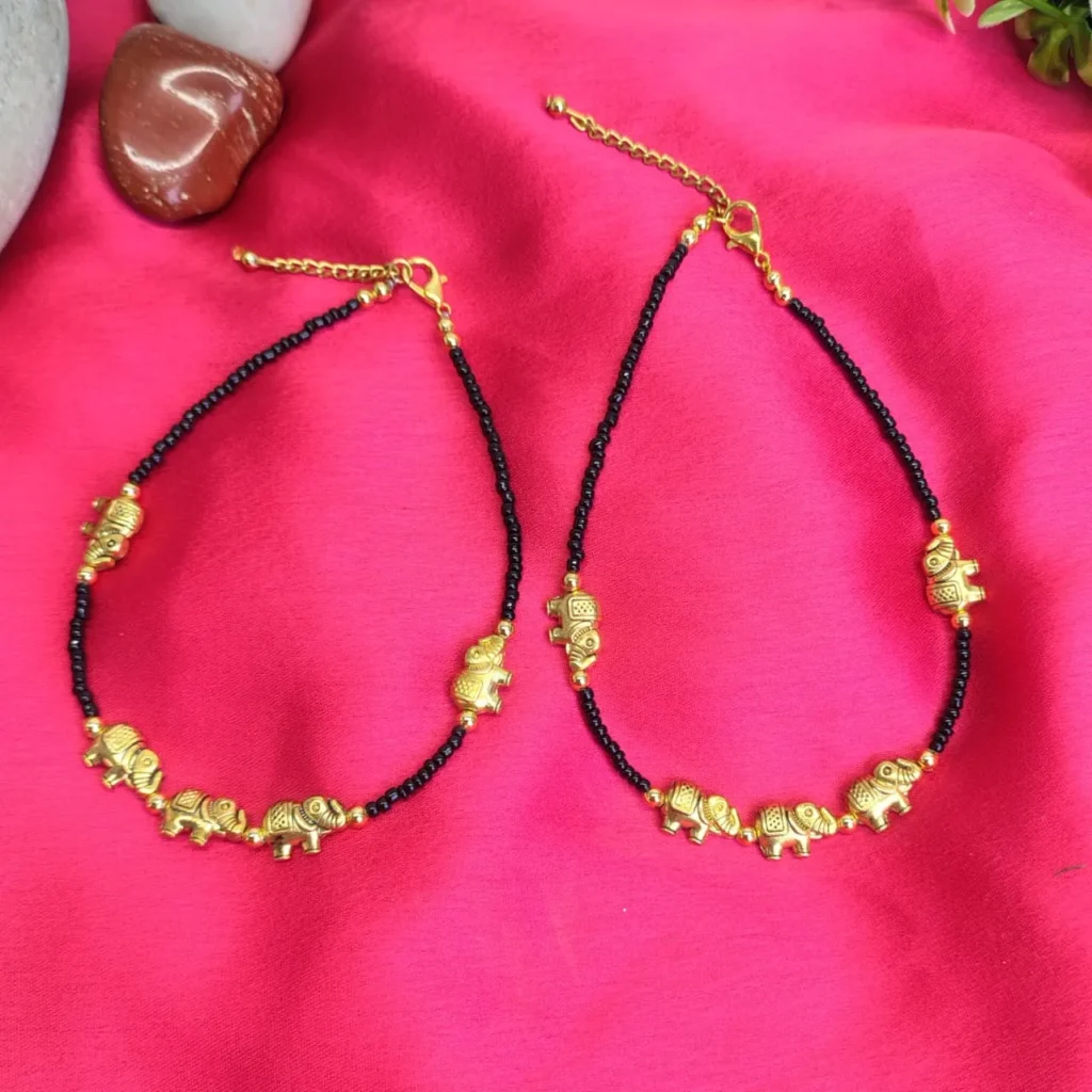 Black Beaded Anklet With Gold-Tone Charm
