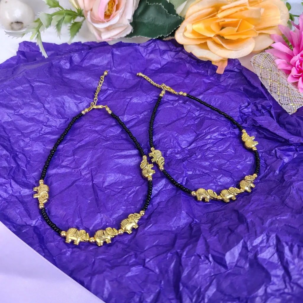 Black Beaded Anklet With Gold-Tone Charm