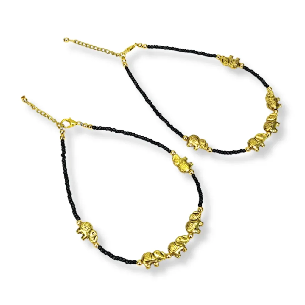 Black Beaded Anklet With Gold-Tone Charm