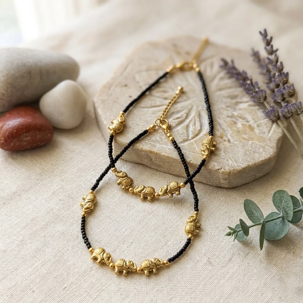 Black Beaded Anklet With Gold-Tone Charm