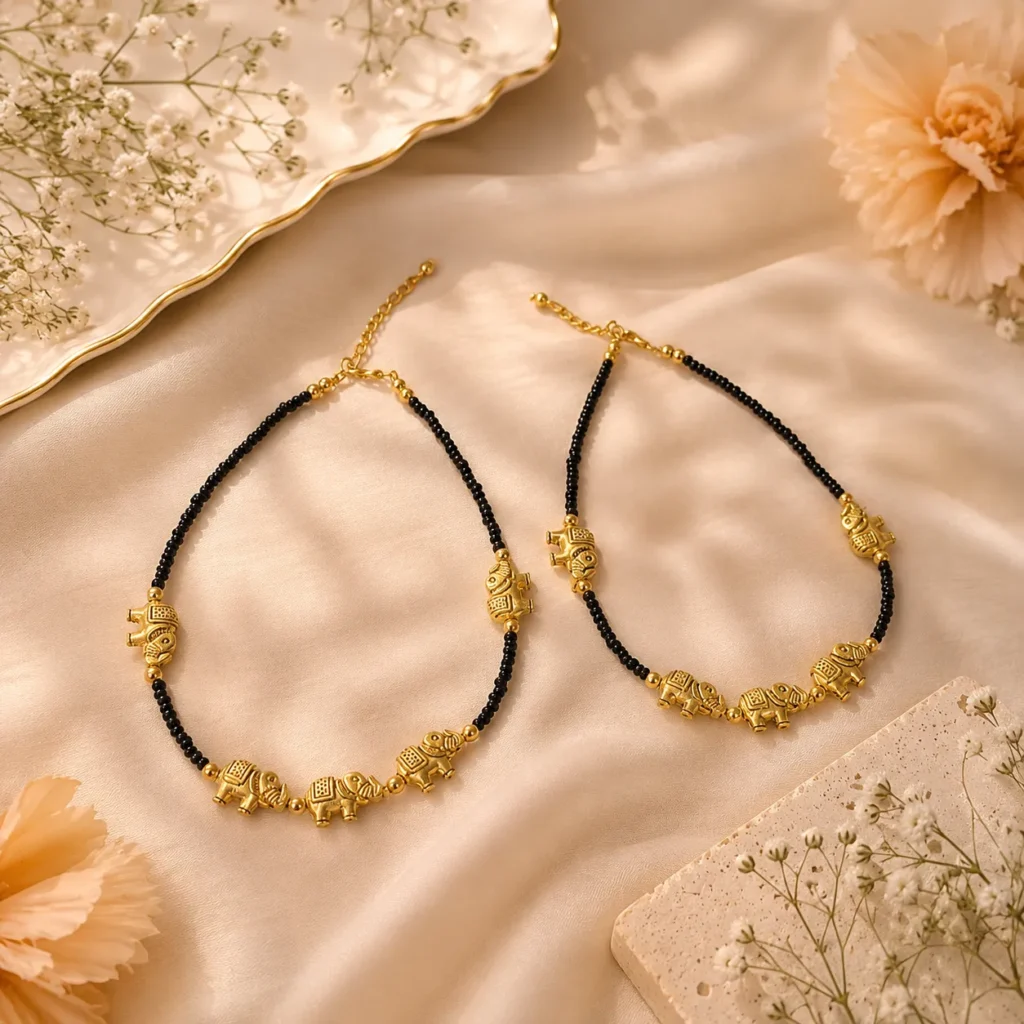 Black Beaded Anklet With Gold-Tone Charm