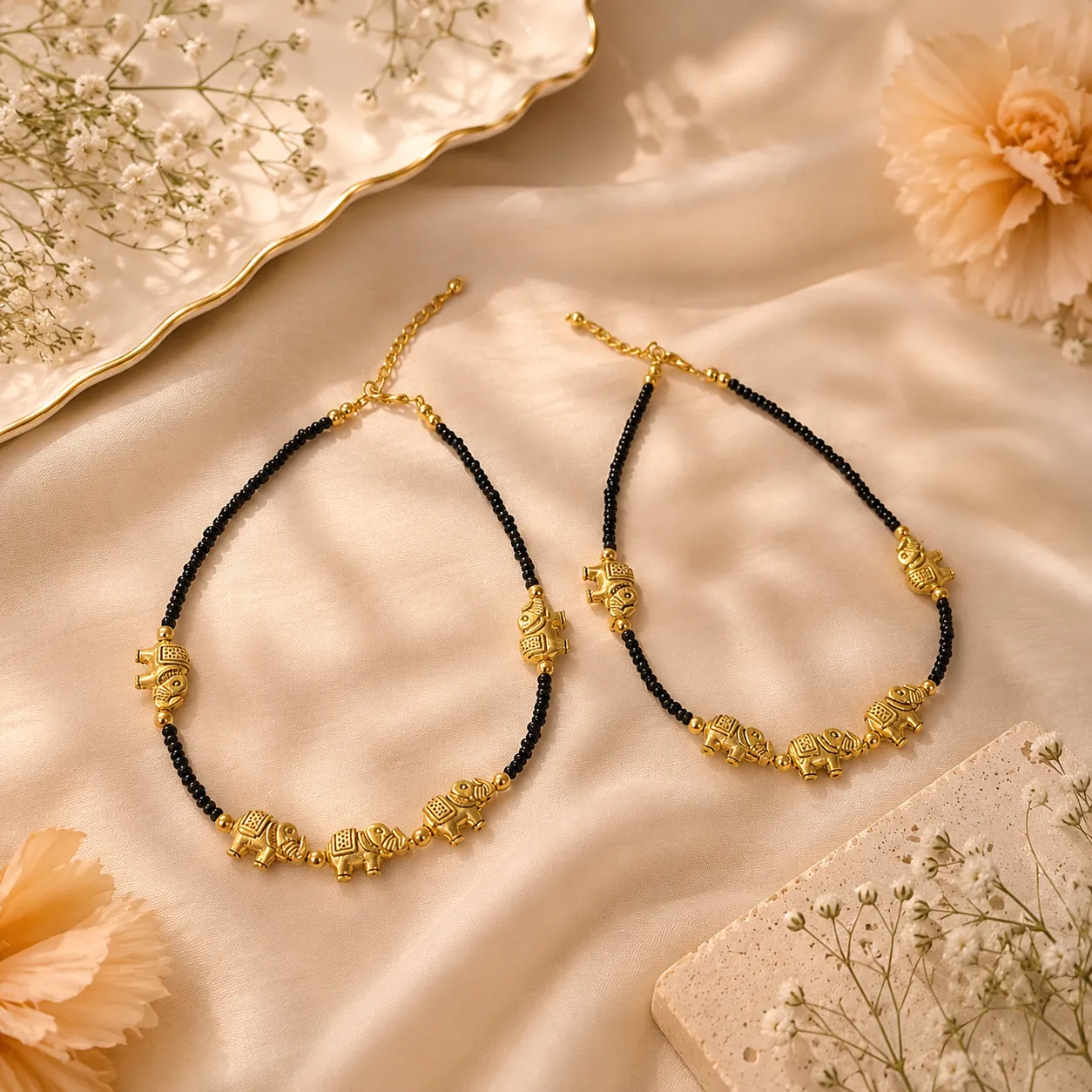 Black Beaded Anklet With Gold-Tone Charm