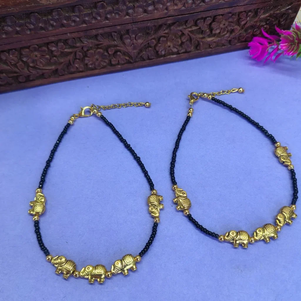 Black Beaded Anklet With Gold-Tone Charm