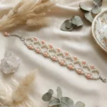 Handmade Peach & White Beaded Wide Bracelet