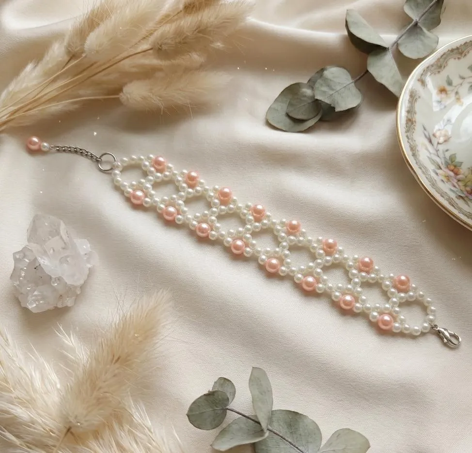 Handmade Peach & White Beaded Wide Bracelet