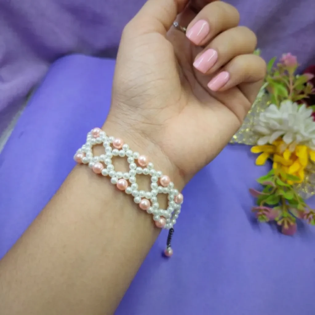 Handmade Peach & White Beaded Wide Bracelet