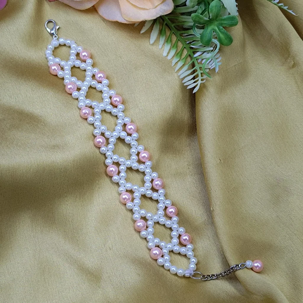 Handmade Peach & White Beaded Wide Bracelet