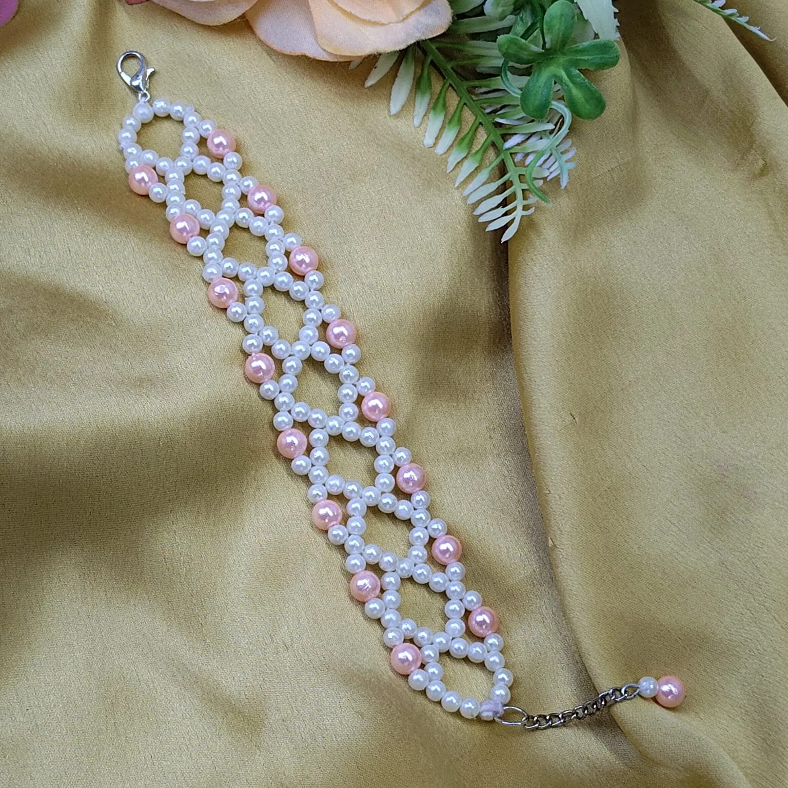 Handmade Peach & White Beaded Wide Bracelet
