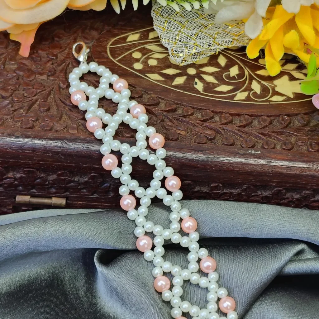 Handmade Peach & White Beaded Wide Bracelet
