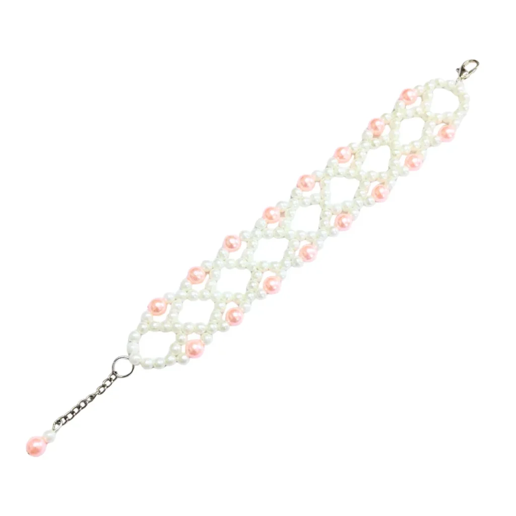 Handmade Peach & White Beaded Wide Bracelet