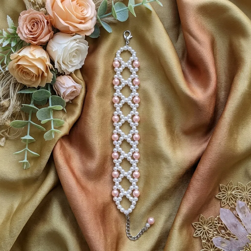 Handmade Peach & White Beaded Wide Bracelet