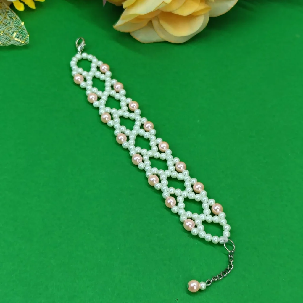 Handmade Peach & White Beaded Wide Bracelet