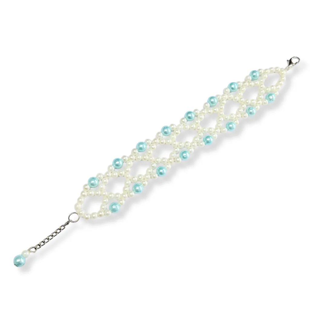 White & Pastel Blue Beaded Wide Bracelet