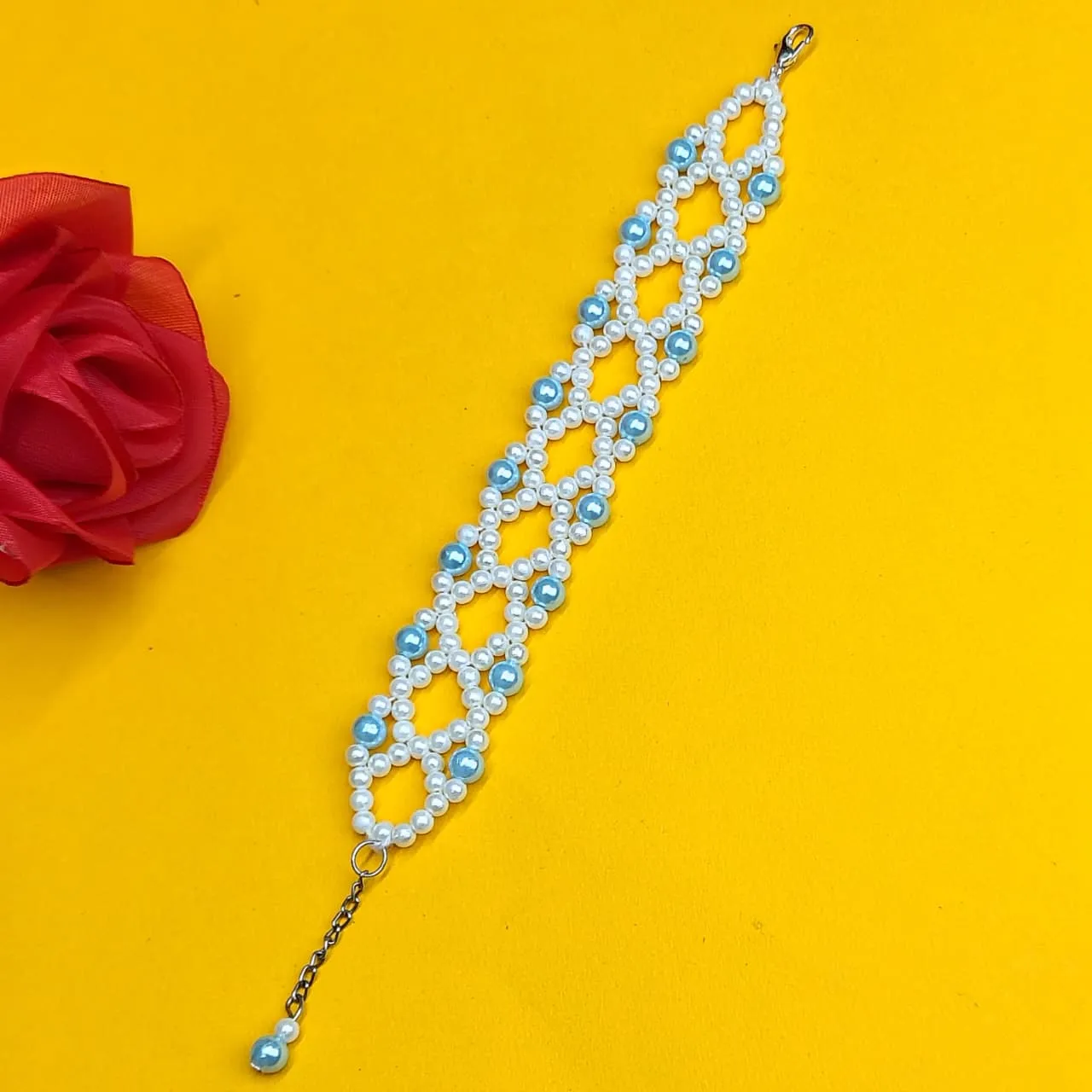 White & Pastel Blue Beaded Wide Bracelet