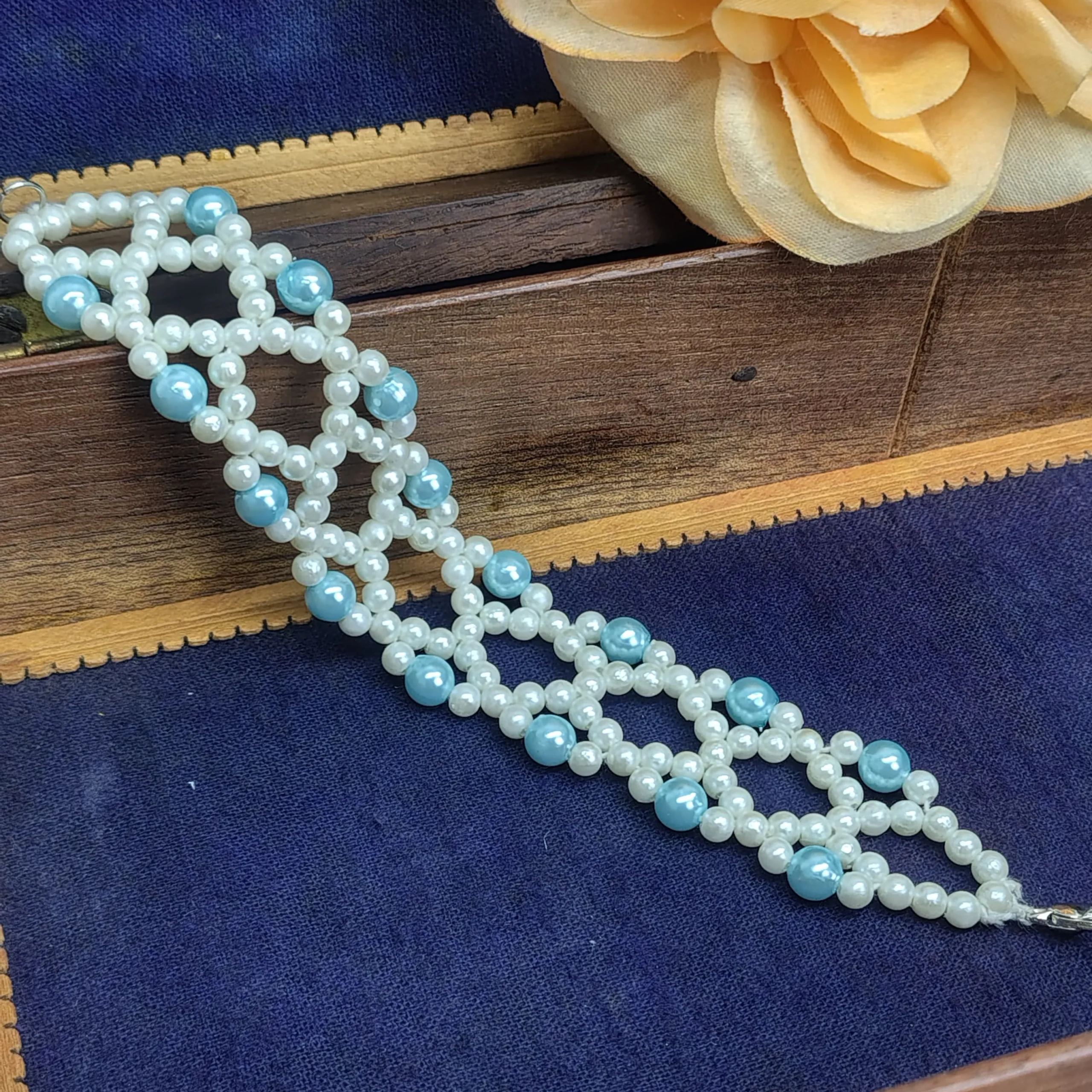 White & Pastel Blue Beaded Wide Bracelet