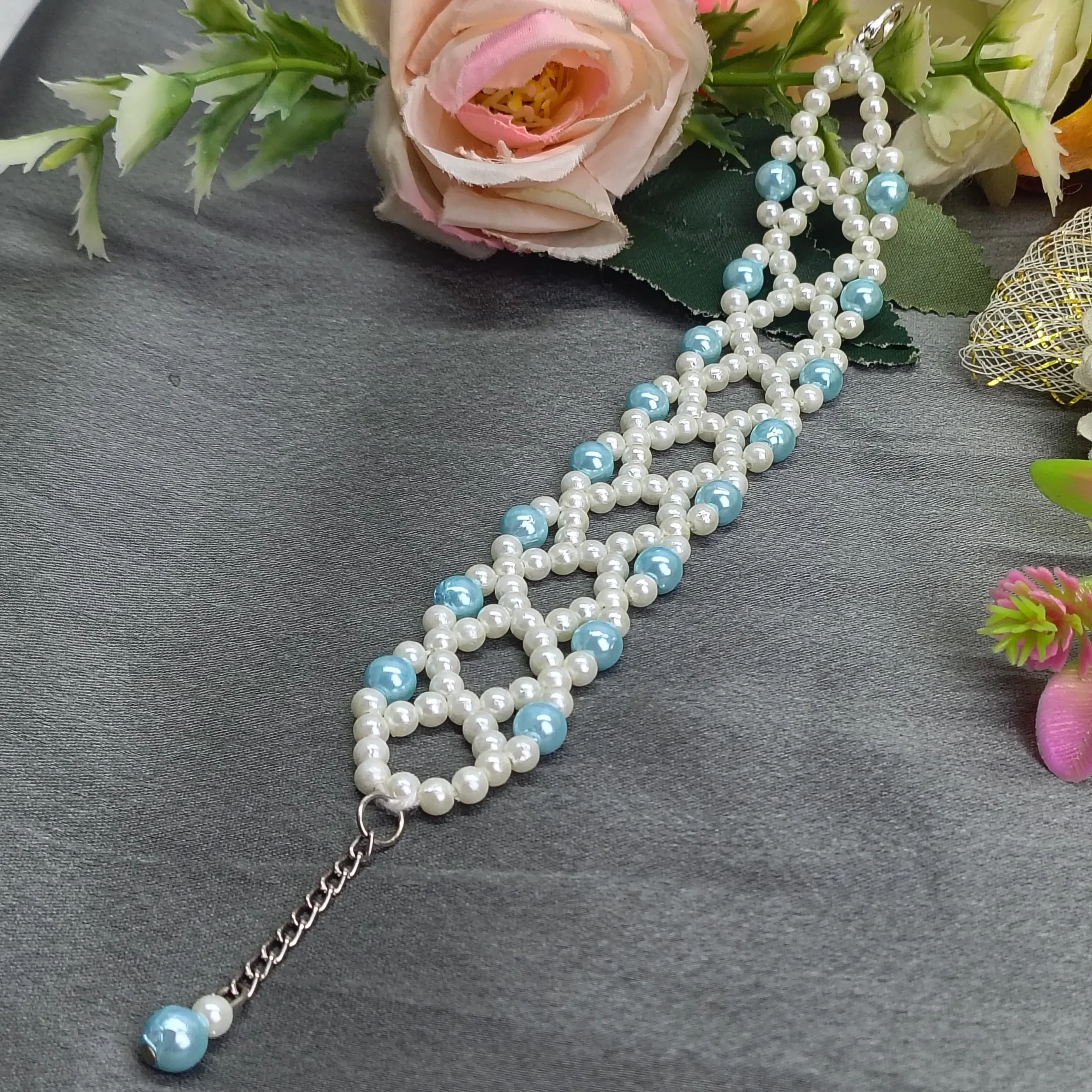 White & Pastel Blue Beaded Wide Bracelet
