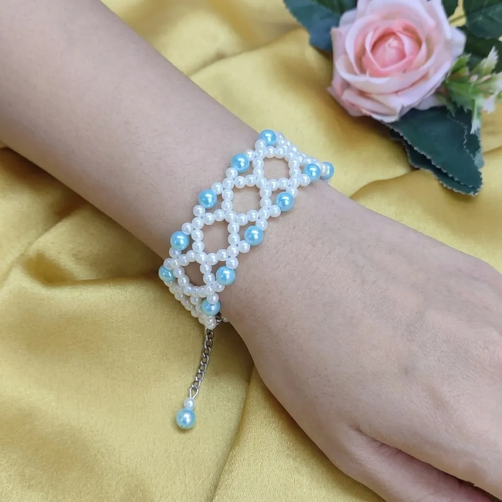 White & Pastel Blue Beaded Wide Bracelet