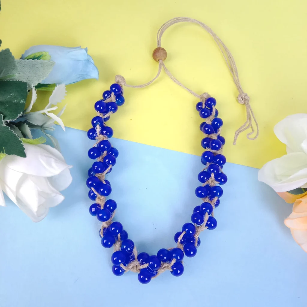 Elegant Handmade Blue Beads Jute Necklace