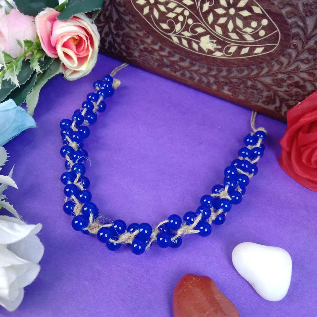 Elegant Handmade Blue Beads Jute Necklace