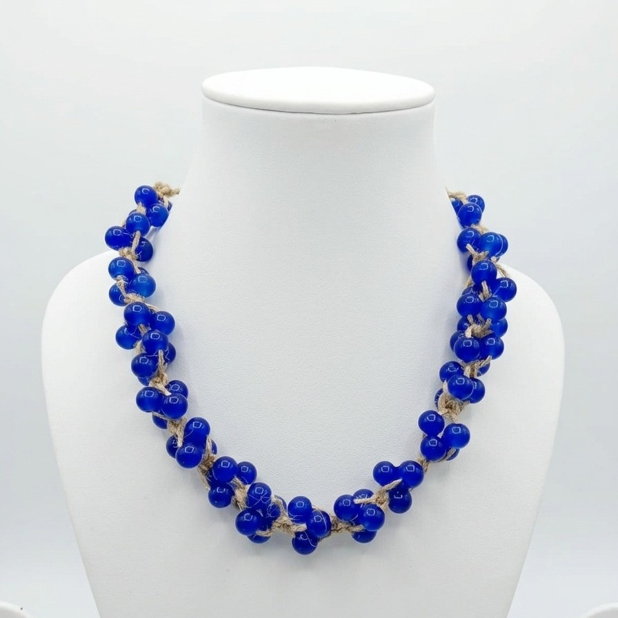 Elegant Handmade Blue Beads Jute Necklace
