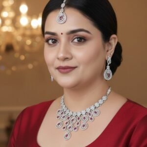 Ruby Teardrop AD Bridal Necklace Set - Pink