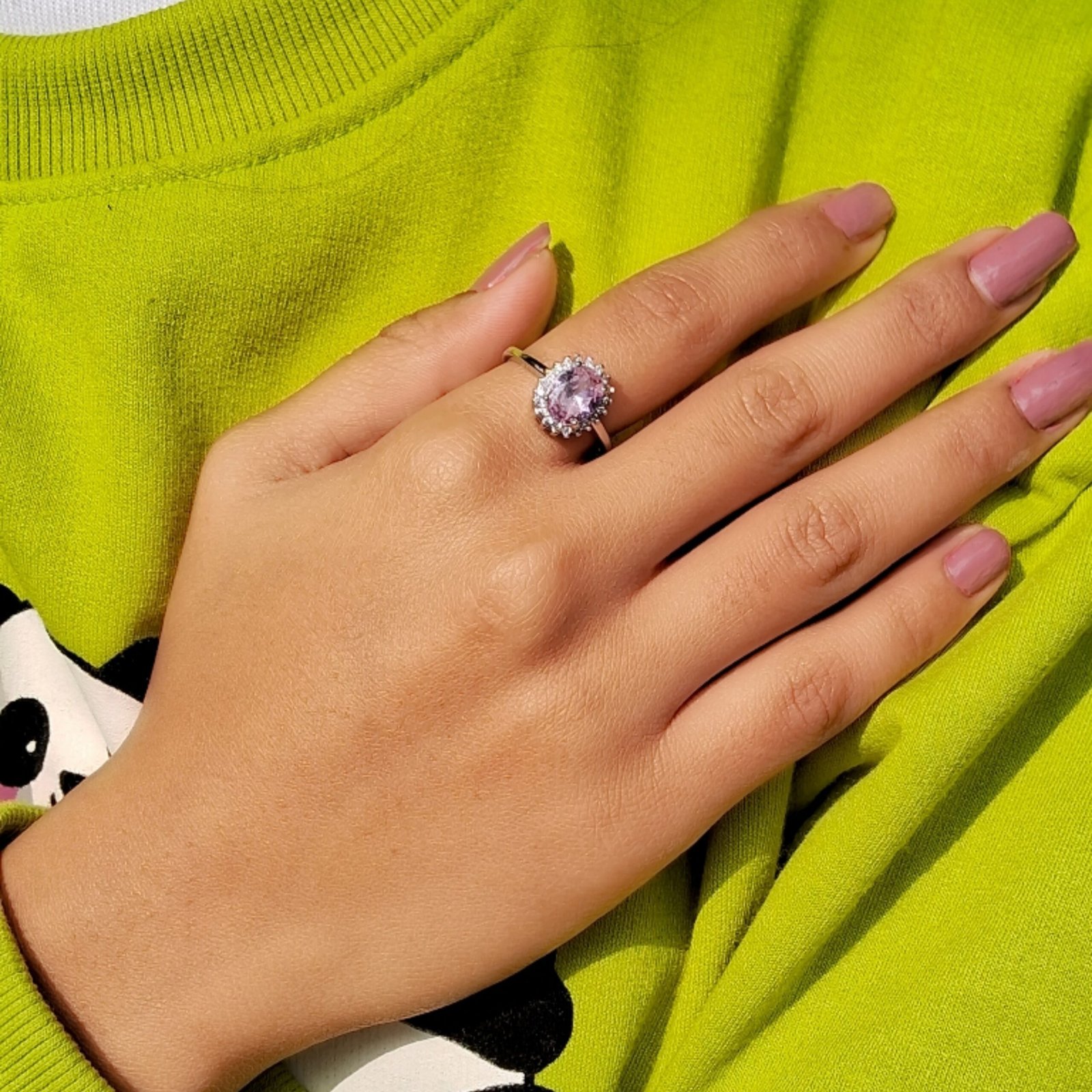 Minimal AD Silver-Tone Oval-Cut Stone Ring - Pink