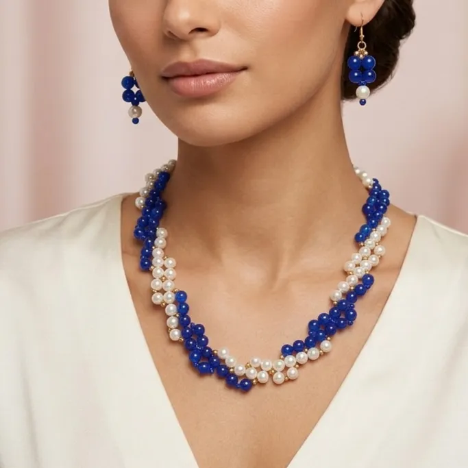 Eye-Catching Blue Beaded Pearl Jewelry Set