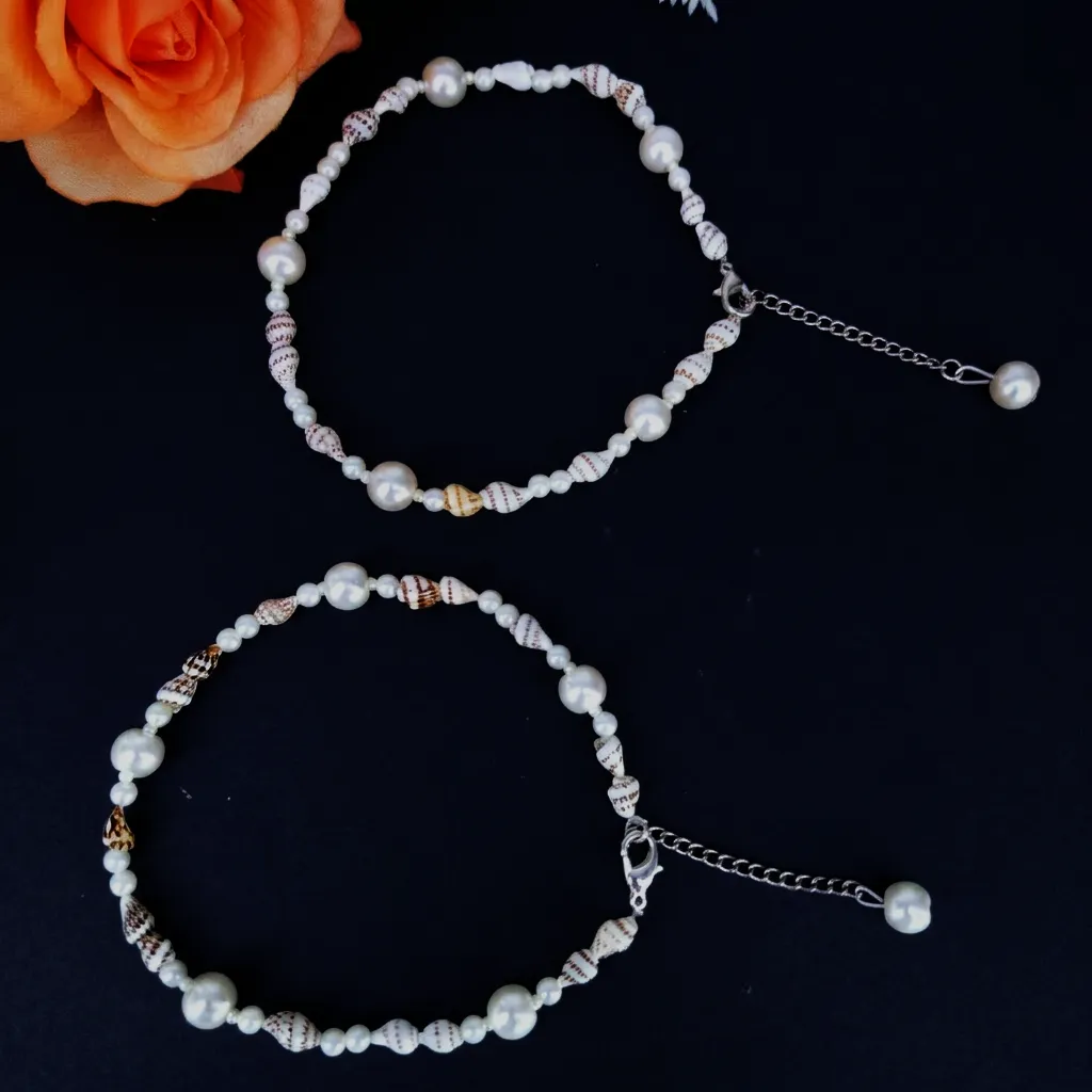 White Shell & Pearl Style Beaded Anklet