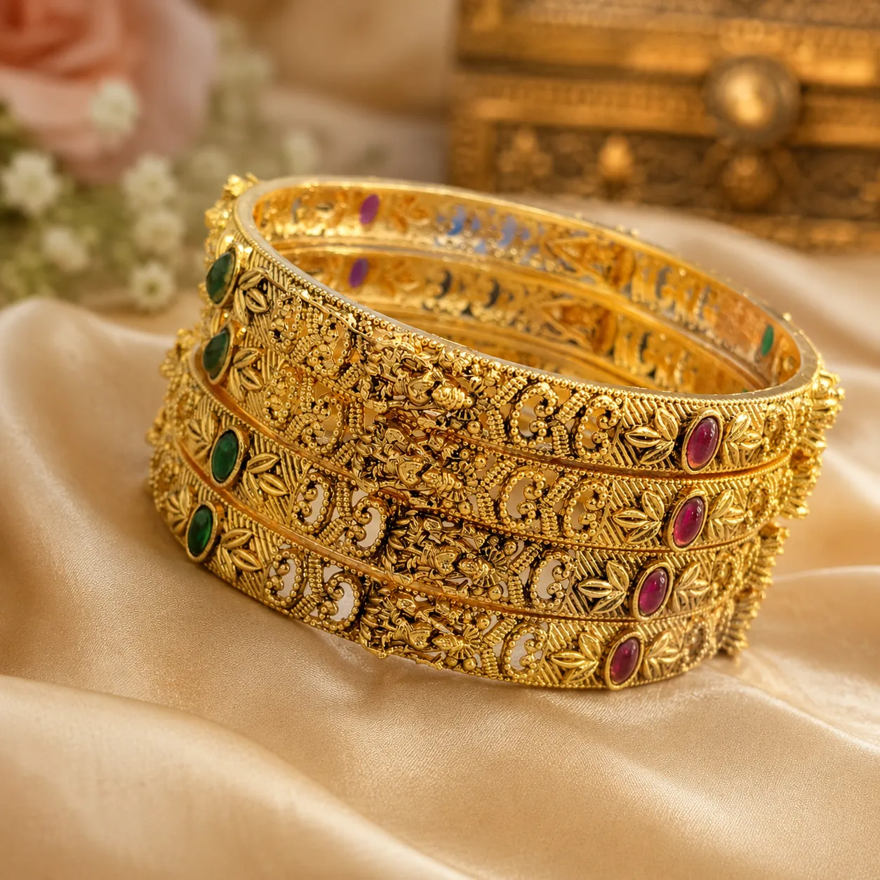 Ethnic Saraswati-Inspired Brass Kada Bangle Set