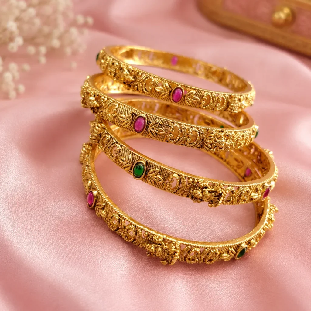 Ethnic Saraswati-Inspired Brass Kada Bangle Set