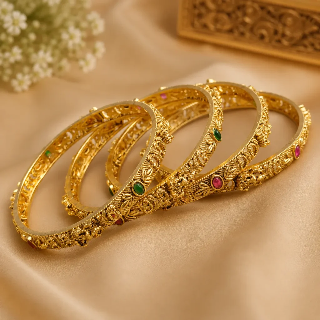 Ethnic Saraswati-Inspired Brass Kada Bangle Set