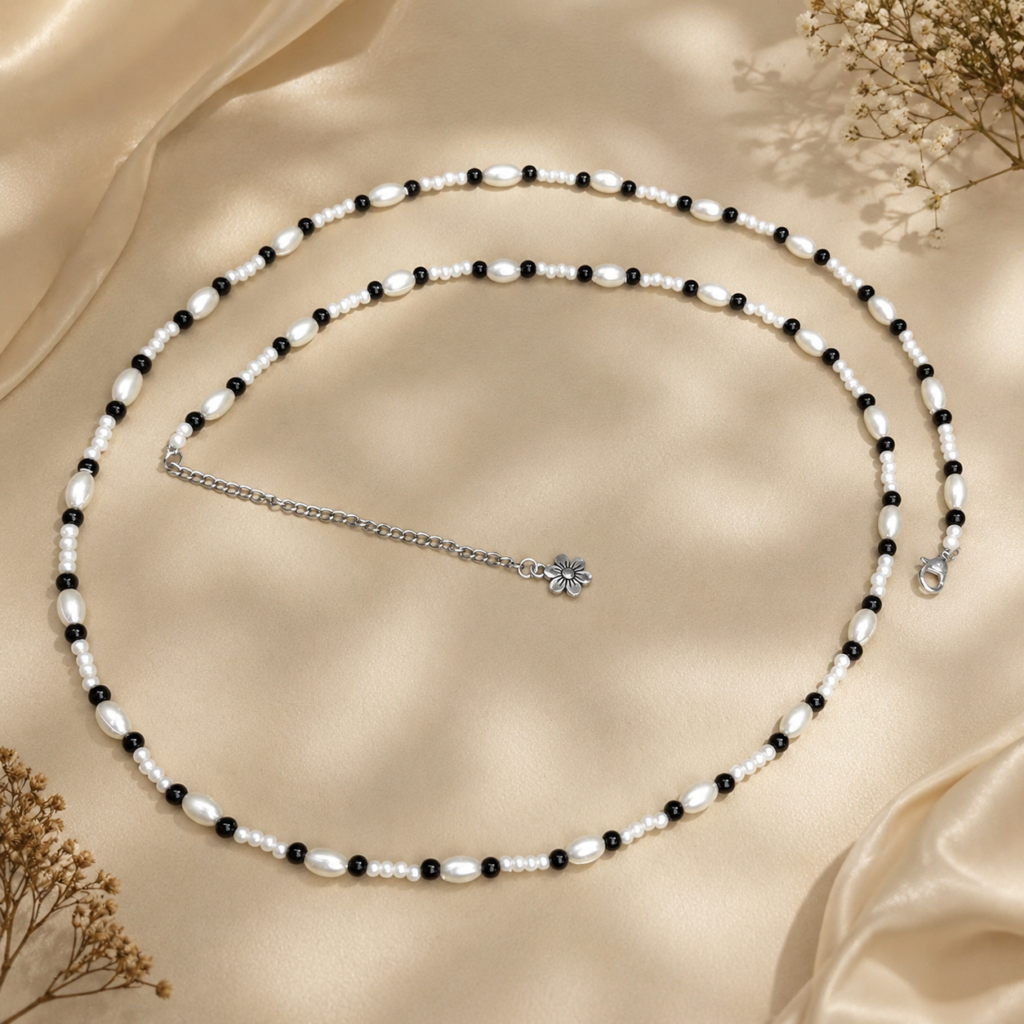 Handcrafted White & Black Bead Waist Chain