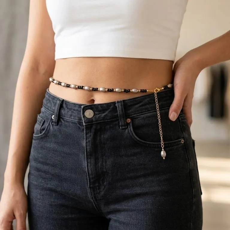 Classic Black & Rose Gold Beads Waist Chain