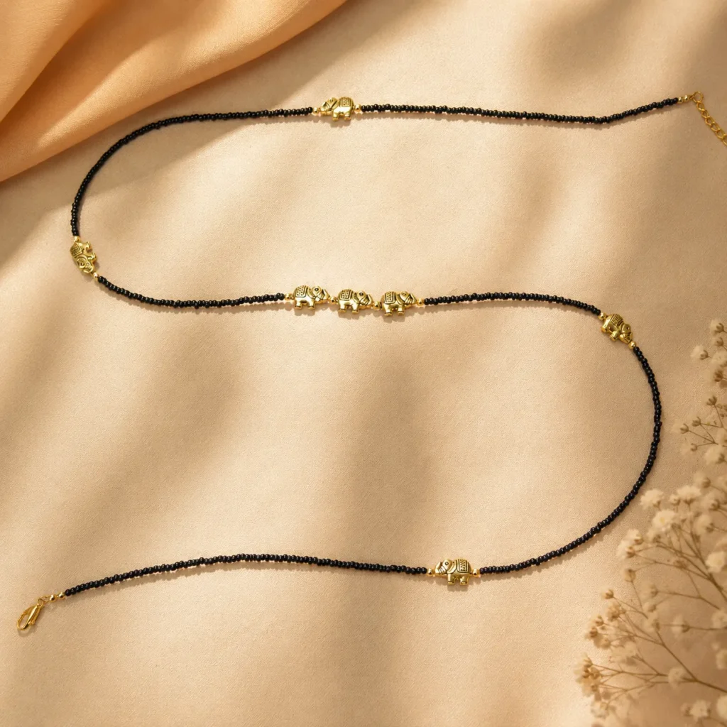 Black Beaded Kamarband With Elephant Charms