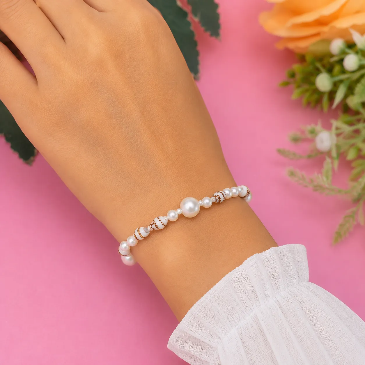 Handmade Beach Style Shell With Pearl Bracelet