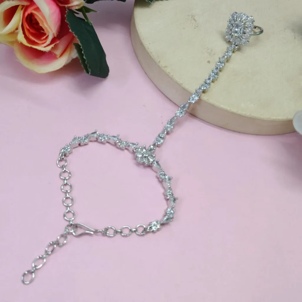 Silver-Tone Floral American Diamond Hand Jewelry