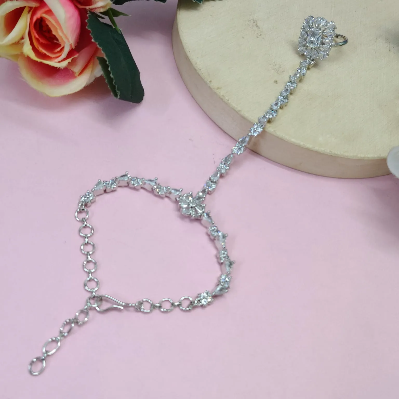 Silver-Tone Floral American Diamond Hand Jewelry